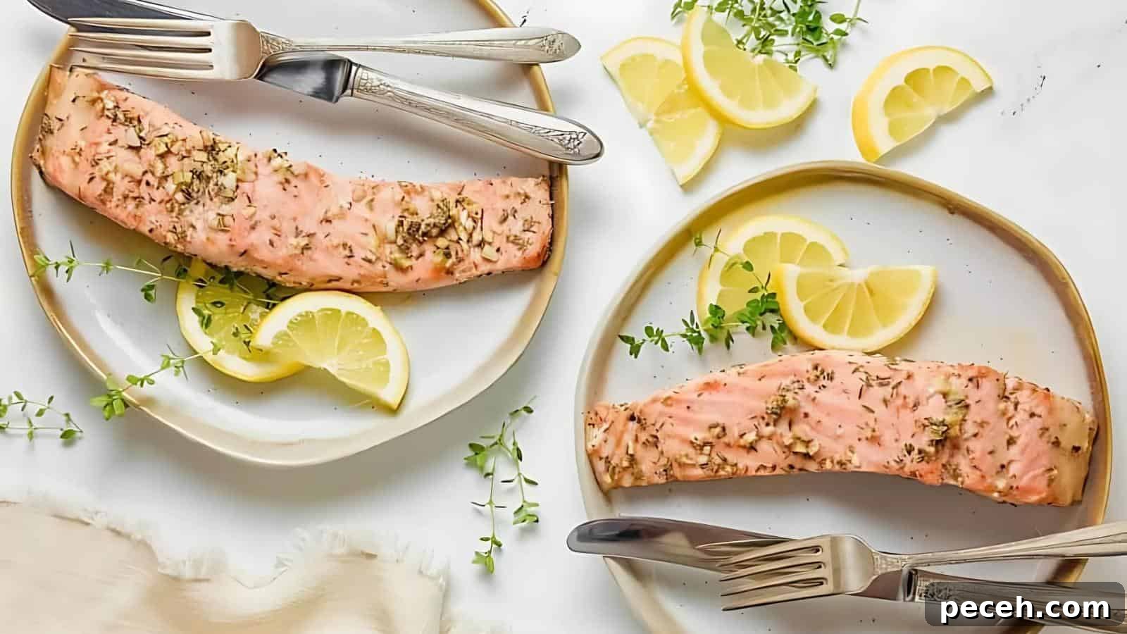 Two plates with baked salmon fillets garnished with lemon slices and herbs. Silverware is placed on each plate.