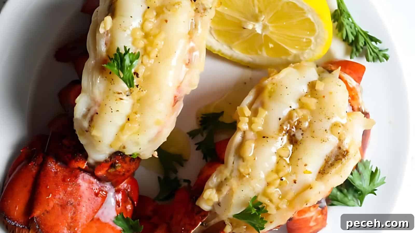 Two grilled lobster tails garnished with parsley and garlic butter, served with lemon wedges on a white plate.