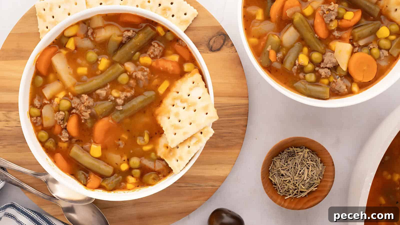 A bowl of vegetable and ground meat soup with green beans, carrots, corn, peas, and potatoes, garnished with crackers. A wooden bowl of herbs is nearby on a wooden cutting board.