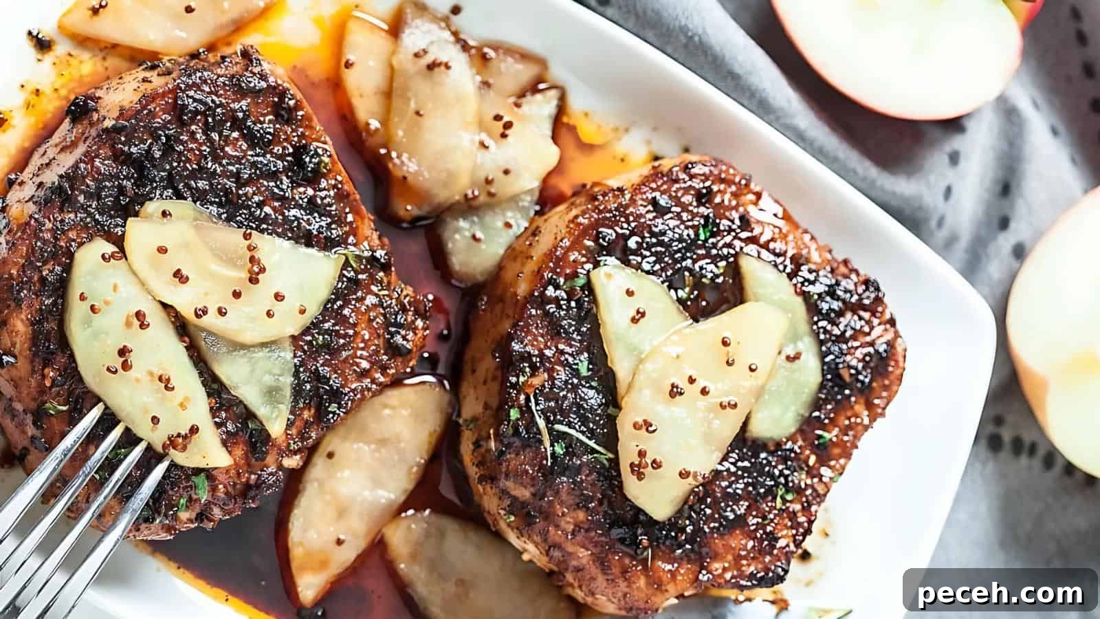 Two seasoned pork chops garnished with sliced apples and mustard seeds on a white plate, alongside apple slices.