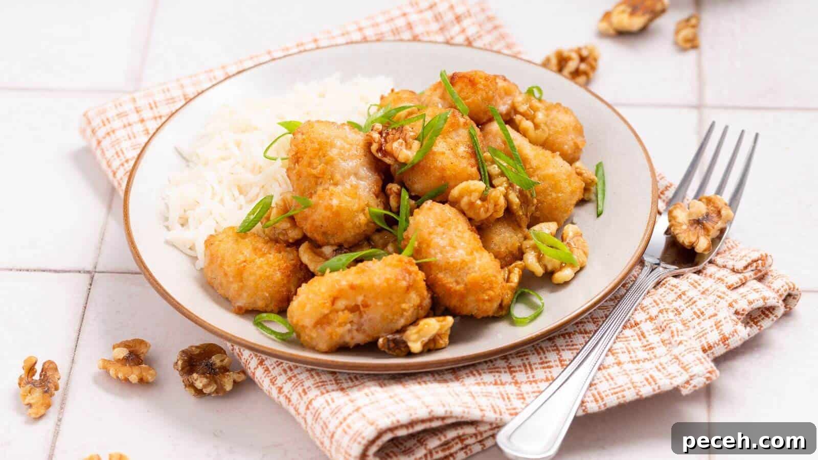Plate of crispy tofu pieces with walnuts and green onions, served alongside white rice. Fork on the side.