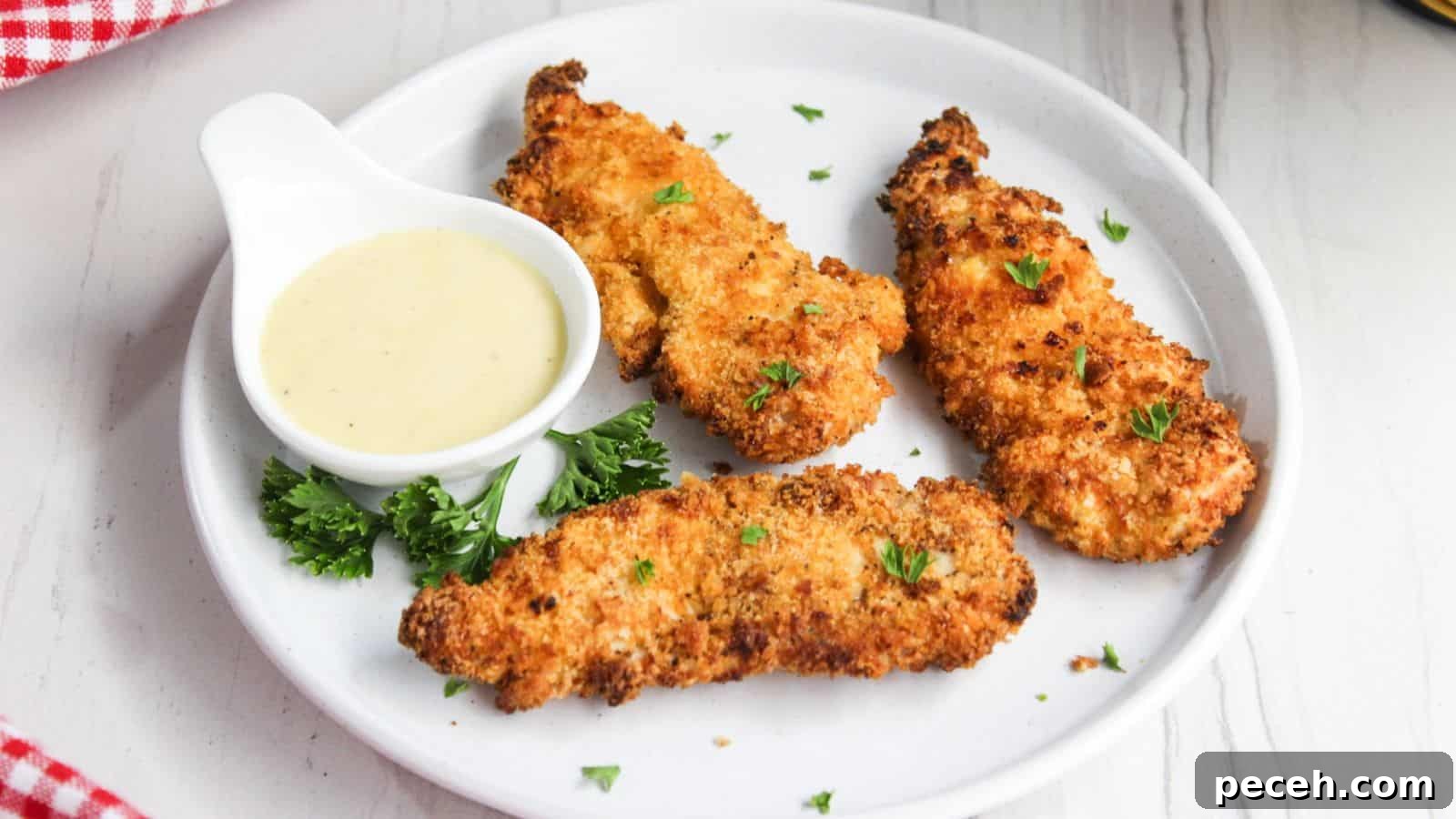 Three crispy breaded chicken tenders on a white plate with a side of honey mustard sauce and garnished with parsley.