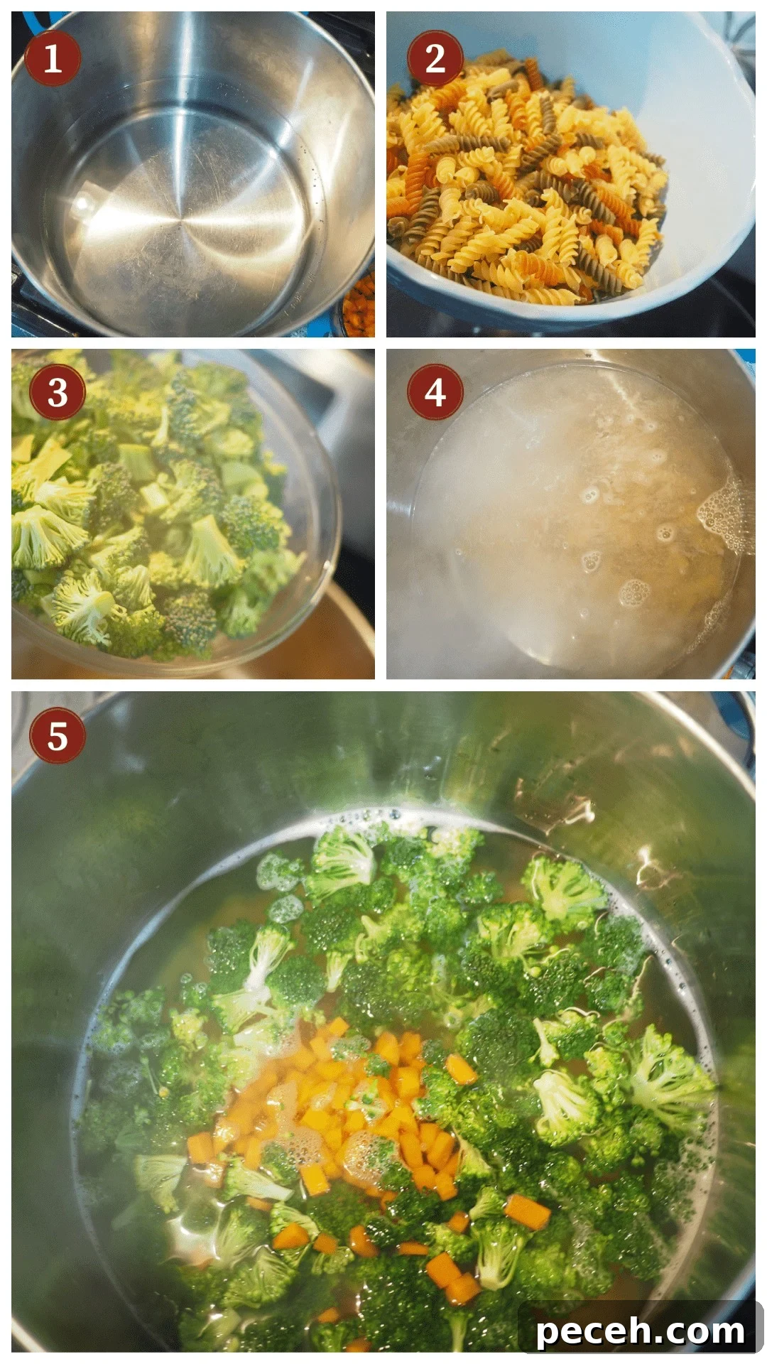 A collage of images showing hot to make pasta salad, steps 1 - 5.