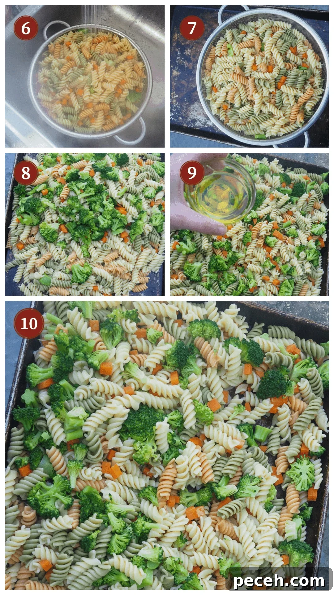 A collage of images showing hot to make pasta salad, steps 6 - 10.