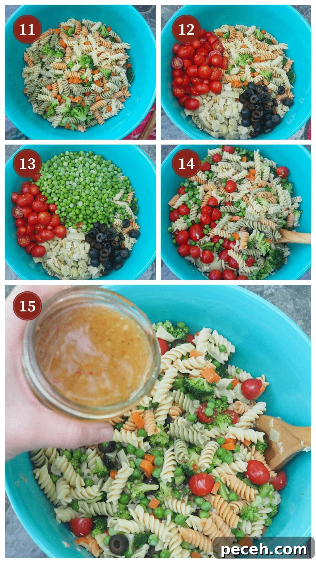 A collage of images showing hot to make pasta salad, steps 11 - 15.