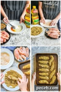 Step by step prep for chicken tenders Prep image collage showing step by step instructions on how to make chicken tenders.