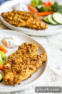 Crispy pistachio crust on baked chicken tenders Chicken tenders on a white plate with second white plate in the background.