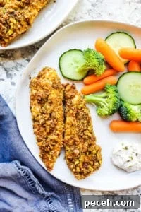 Pistachio crusted chicken tenders with veggies Two chicken tenders on a white plate with veggies all on a white counter.