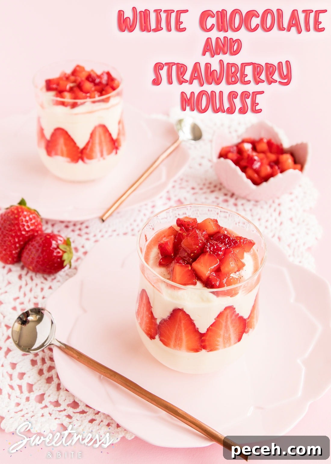 White Chocolate and Strawberry Mousse ~ Super Easy white chocolate mousse with vanilla macerated strawberries. Perfect for Valentine's Day (or any other day, for that matter!) ~ by Sweetness & Bite