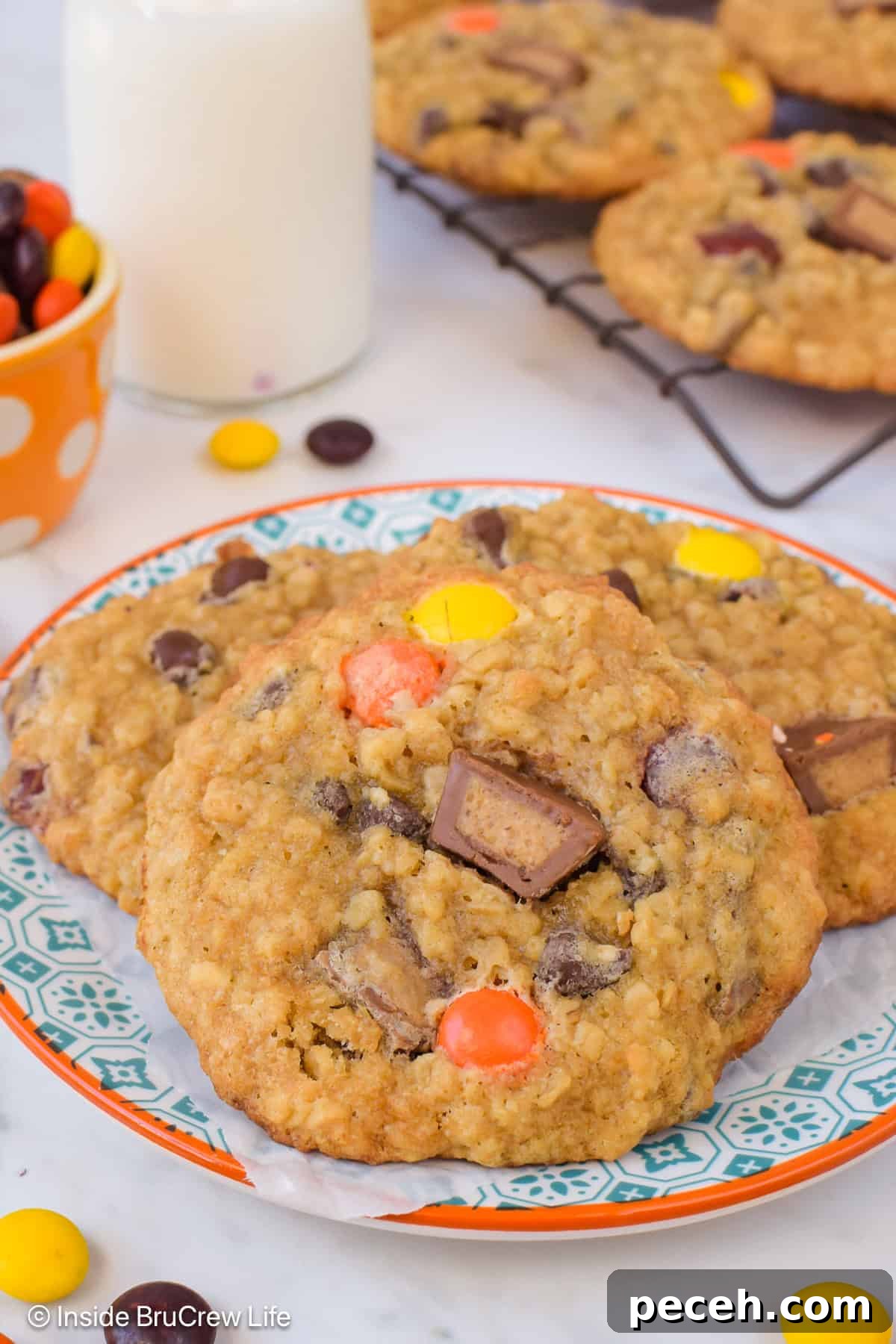 Peanut Butter Banana Oatmeal Cookies Recipe for Chewy Bites 4 A close up of the banana and oat cookies made with banana and Reese's.