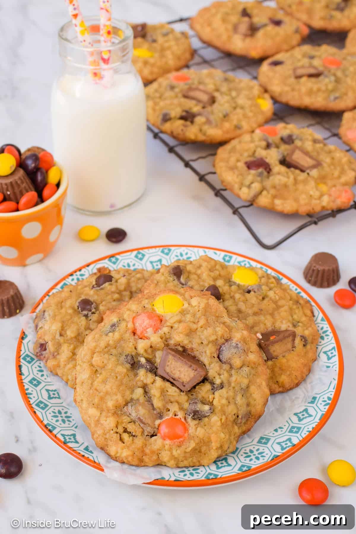 Peanut Butter Banana Oatmeal Cookies Recipe for Chewy Bites 6 Three thin and chewy peanut butter and banana cookies on a plate.