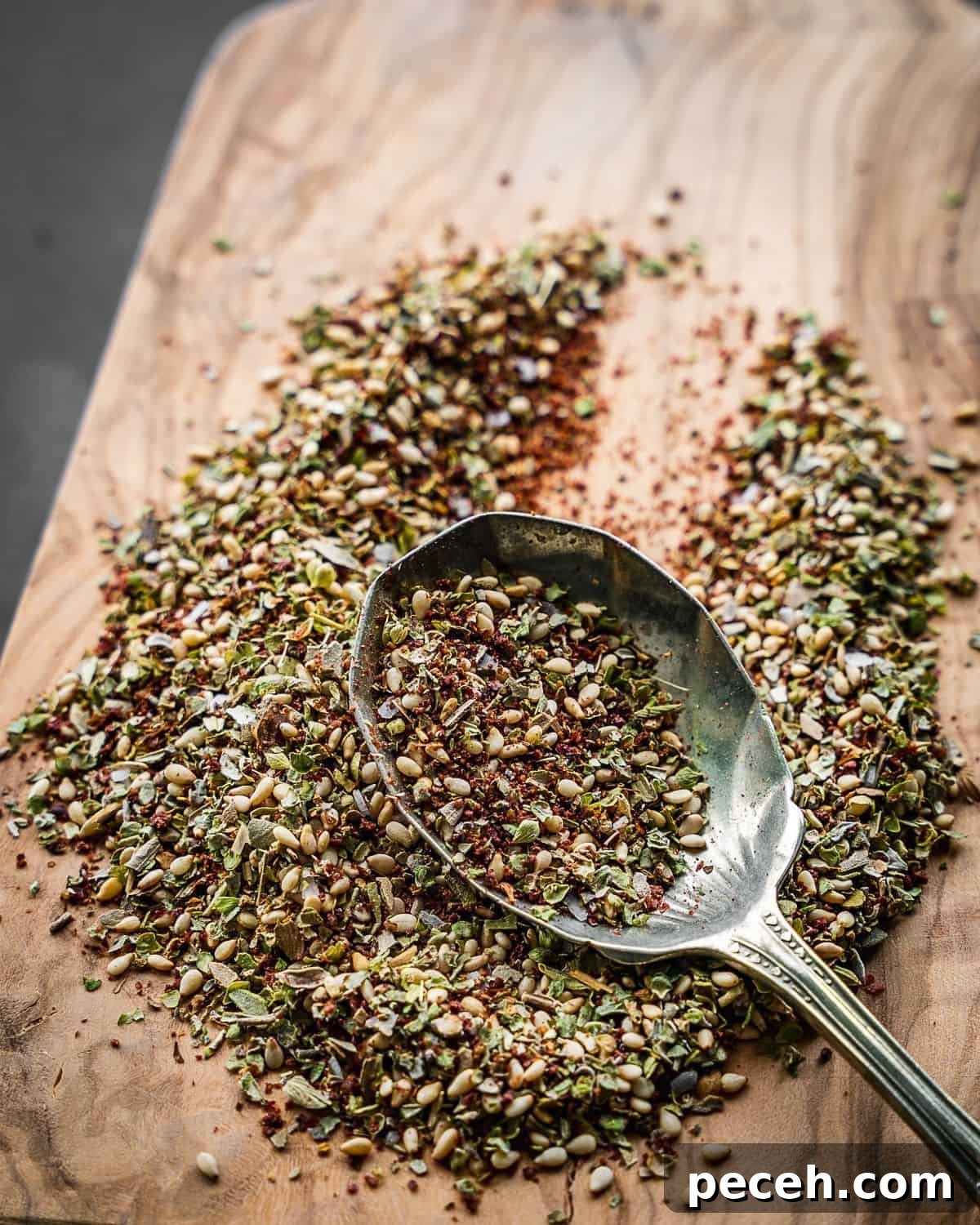 Sumac: History, Culinary Uses and Top Recipes 4 Za'atar spice blend on a board with an antique spoon.
