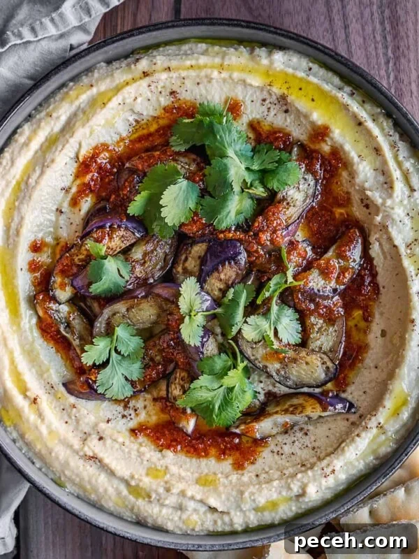 Caramelized eggplant hummus in a bowl with toppings.