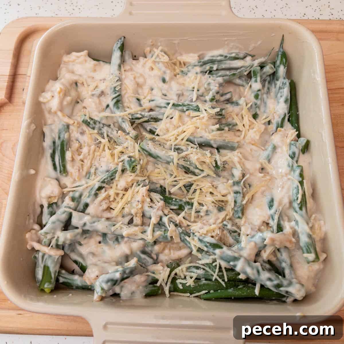 Crispy Green Bean Casserole in the Air Fryer (Also Oven) 4 Green Bean Casserole in the baking dish ready to be baked step 1