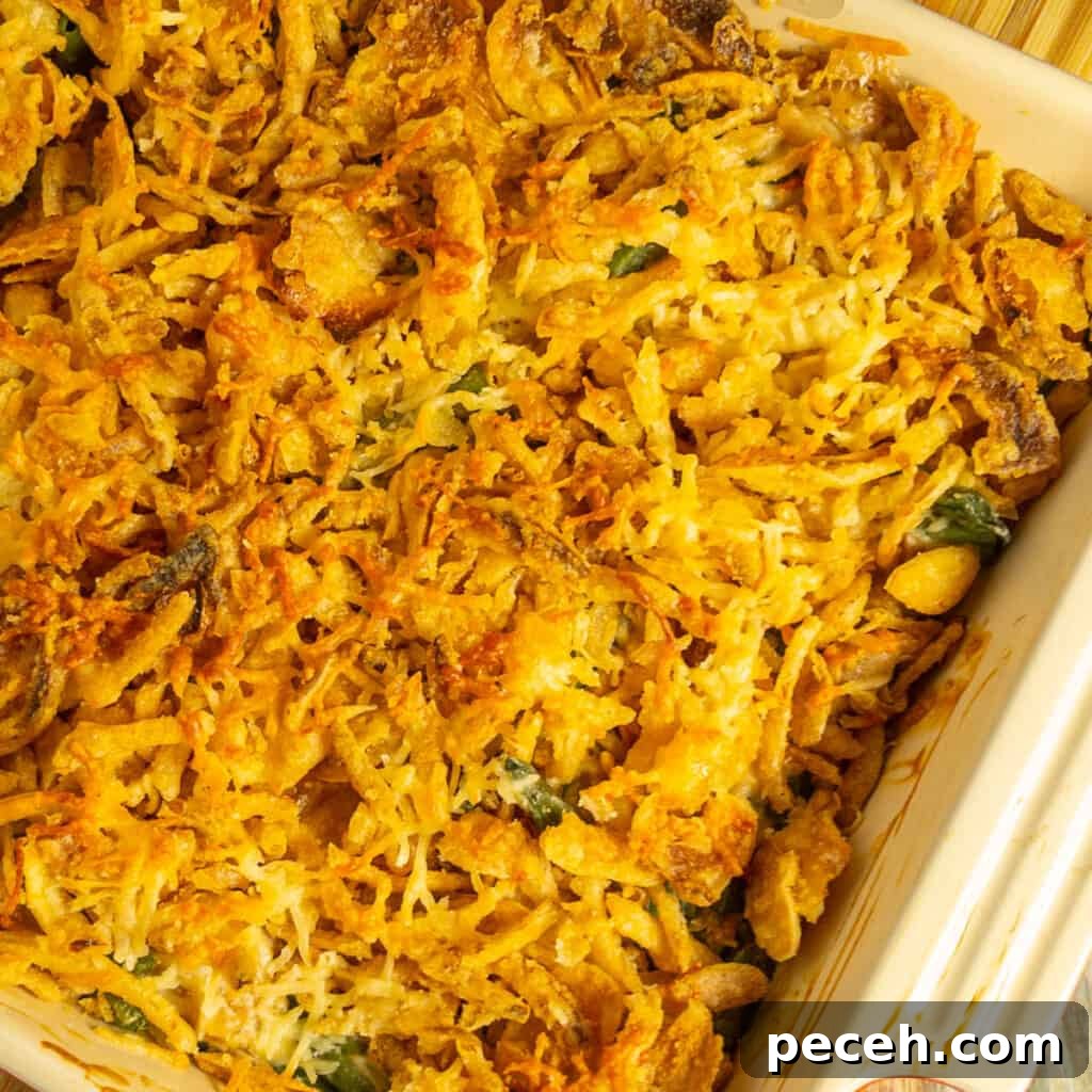 Crispy Green Bean Casserole in the Air Fryer (Also Oven) 6 overhead closeup of green bean casserole baked