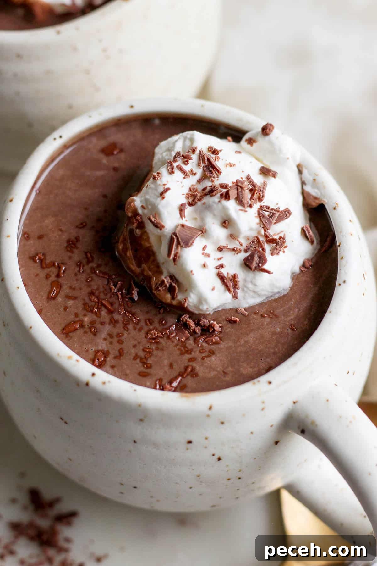 A cup of hot chocolate topped with whipped cream and shaved chocolate.