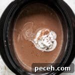 A crock pot fulled with homemade hot chocolate and whipped cream on top with shaved chocolate.