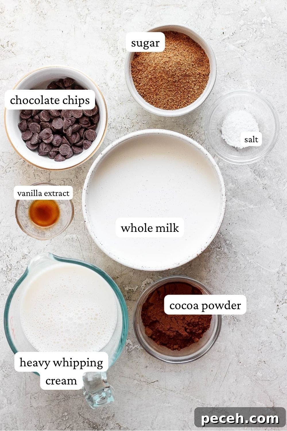 Individual bowls of sugar, chocolate chips, salt, whole milk, vanilla extract, heavy whipping cream, and cocoa powder on a counter top.