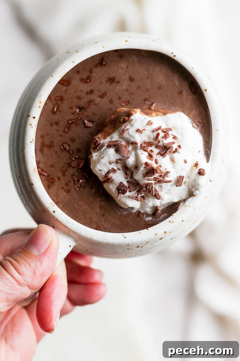 A mug with crock pot hot chocolate topped with whipped cream and chocolate shavings.