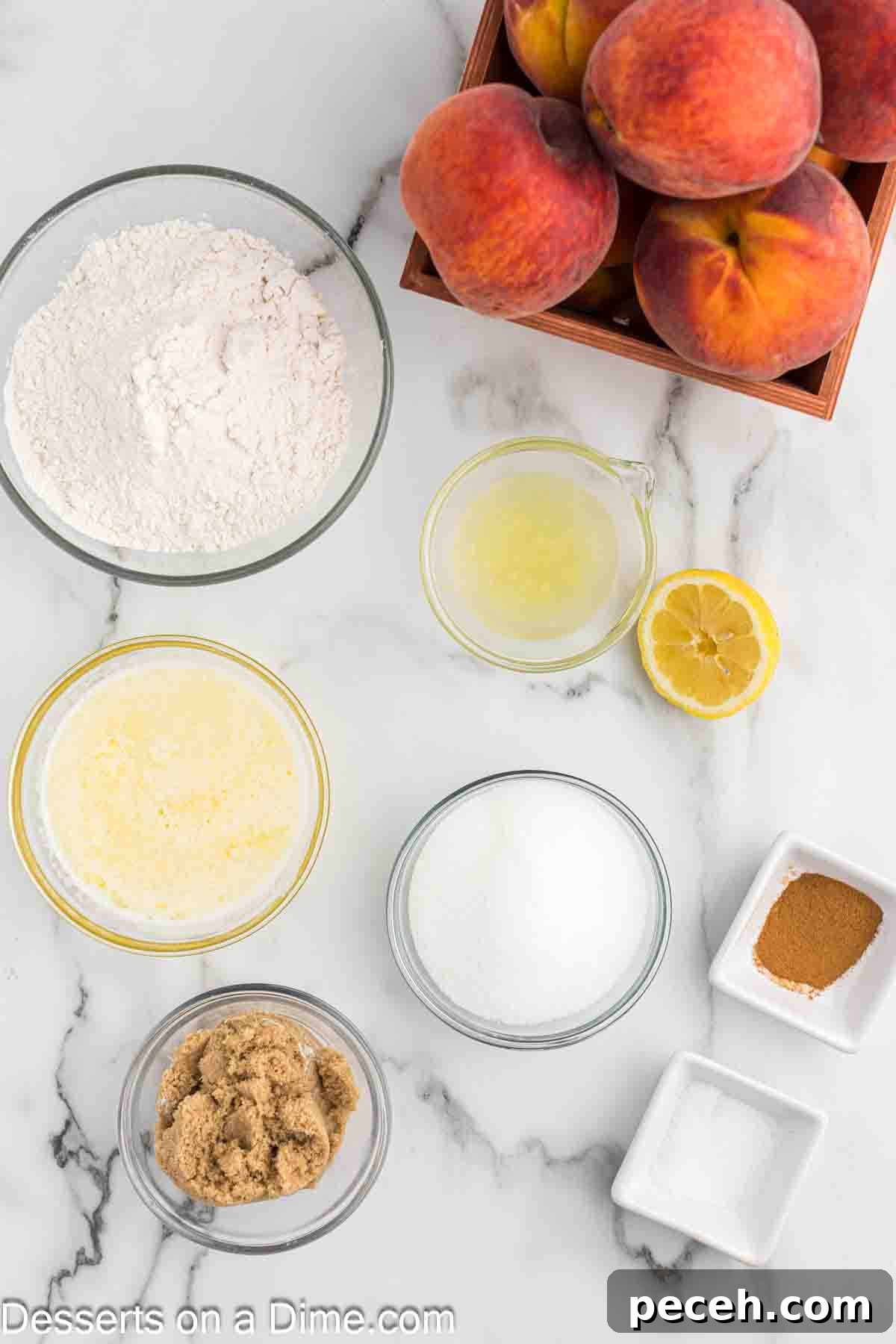 Perfect Peach Crumble Recipe for Summer Desserts 3 Ingredients needed for this recipe - peaches, lemon, cinnamon, flour, butter.