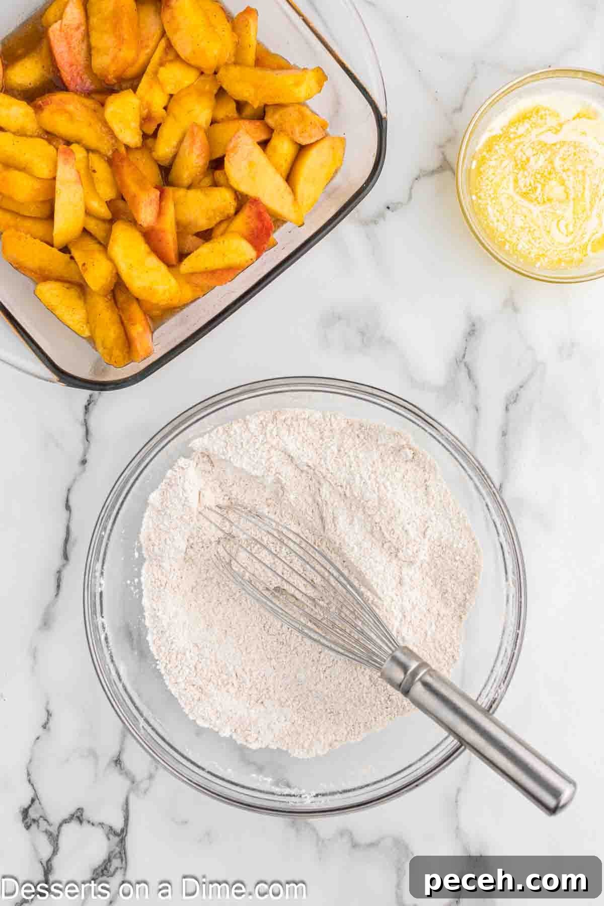 Perfect Peach Crumble Recipe for Summer Desserts 5 Dry ingredients combined in a bowl.