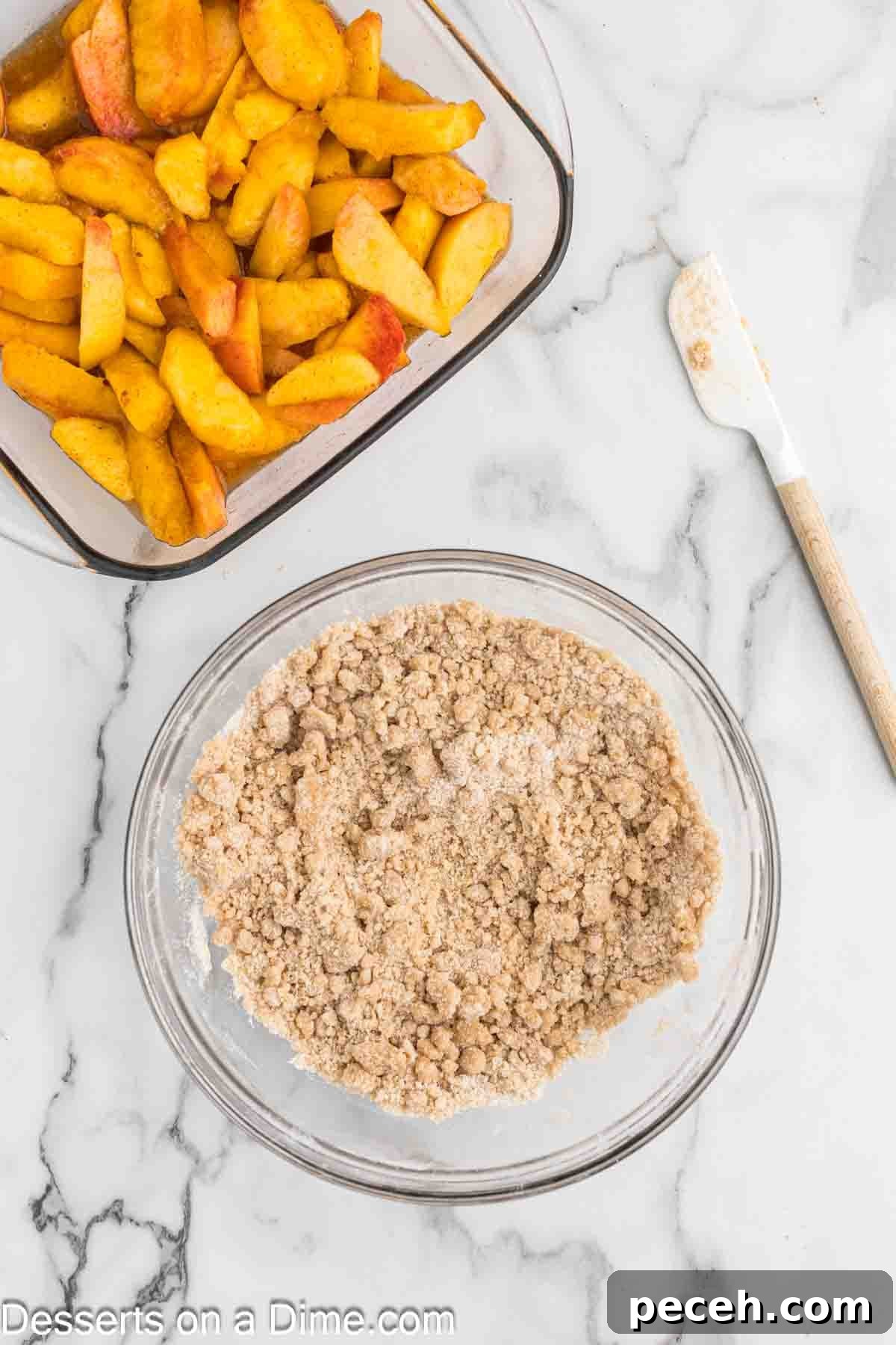 Perfect Peach Crumble Recipe for Summer Desserts 6 Melted butter mixed in with dry ingredients.