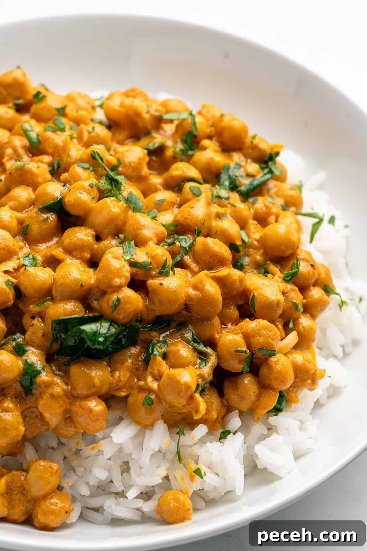 A white bowl filled with a rich chickpea curry garnished with fresh cilantro, served over a bed of fluffy white rice. The dish appears vibrant and savory.