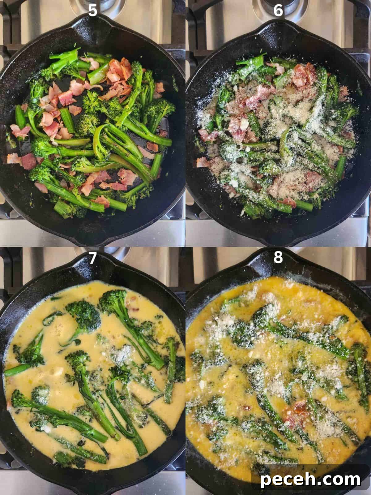 Steps for making broccolini frittata showing ingredients in a skillet and cooked.