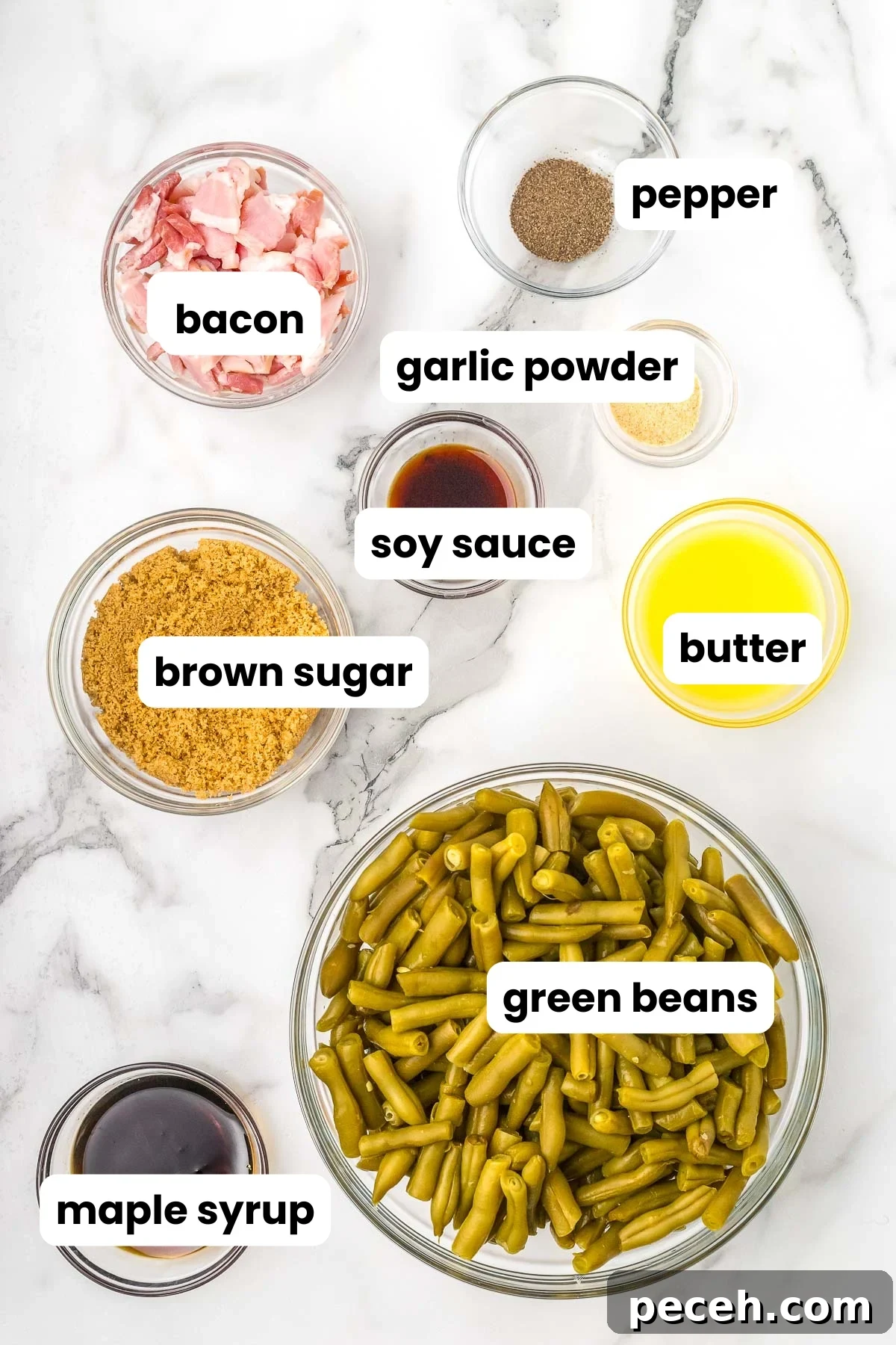 Quick and Flavorful Canned Green Beans Recipe 4 ingredients in pinch dishes laid out on a table for making a recipe