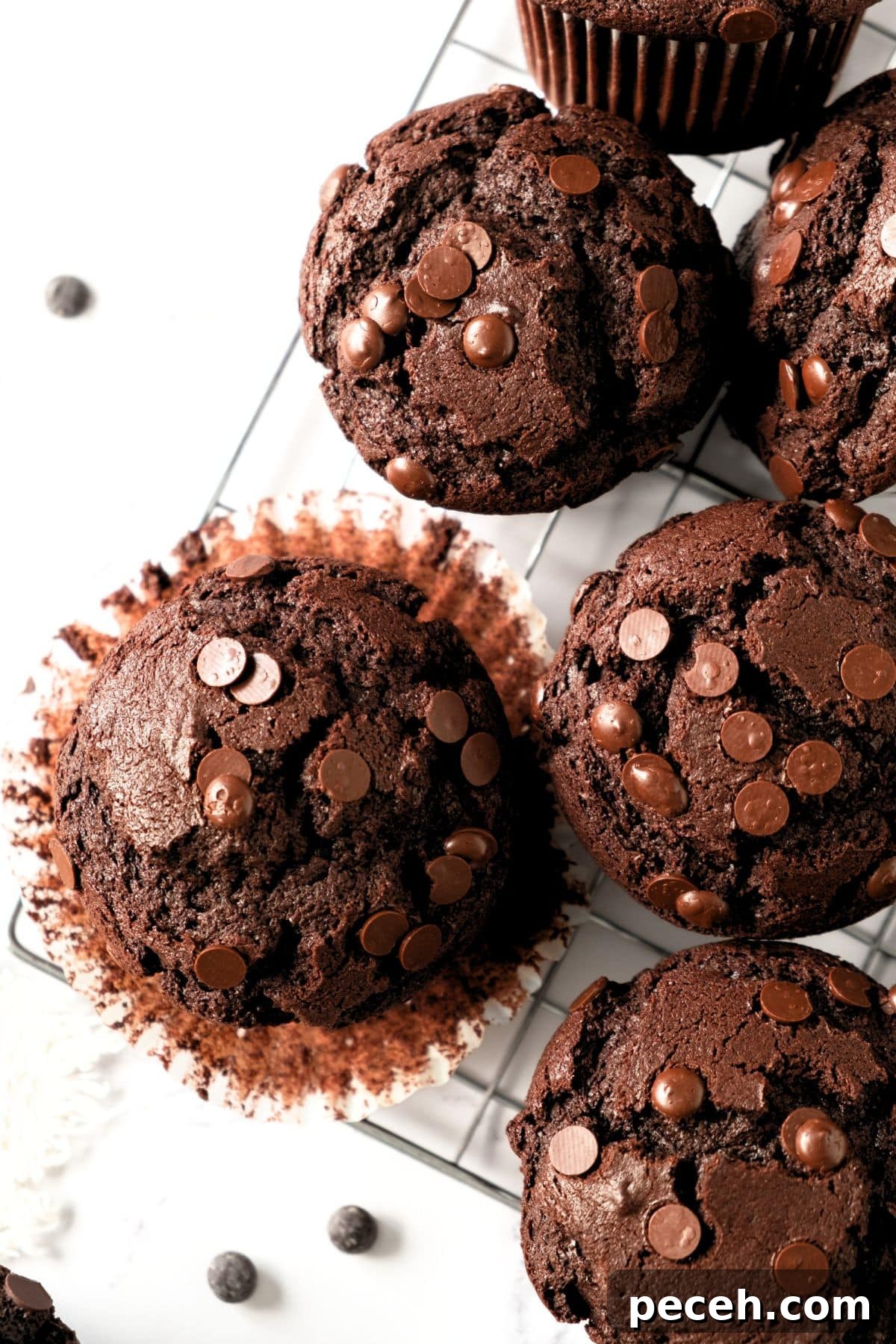 Gluten-Free Double Chocolate Muffins with Chocolate Chips Up close view of chocolate chip muffins on wire rack.