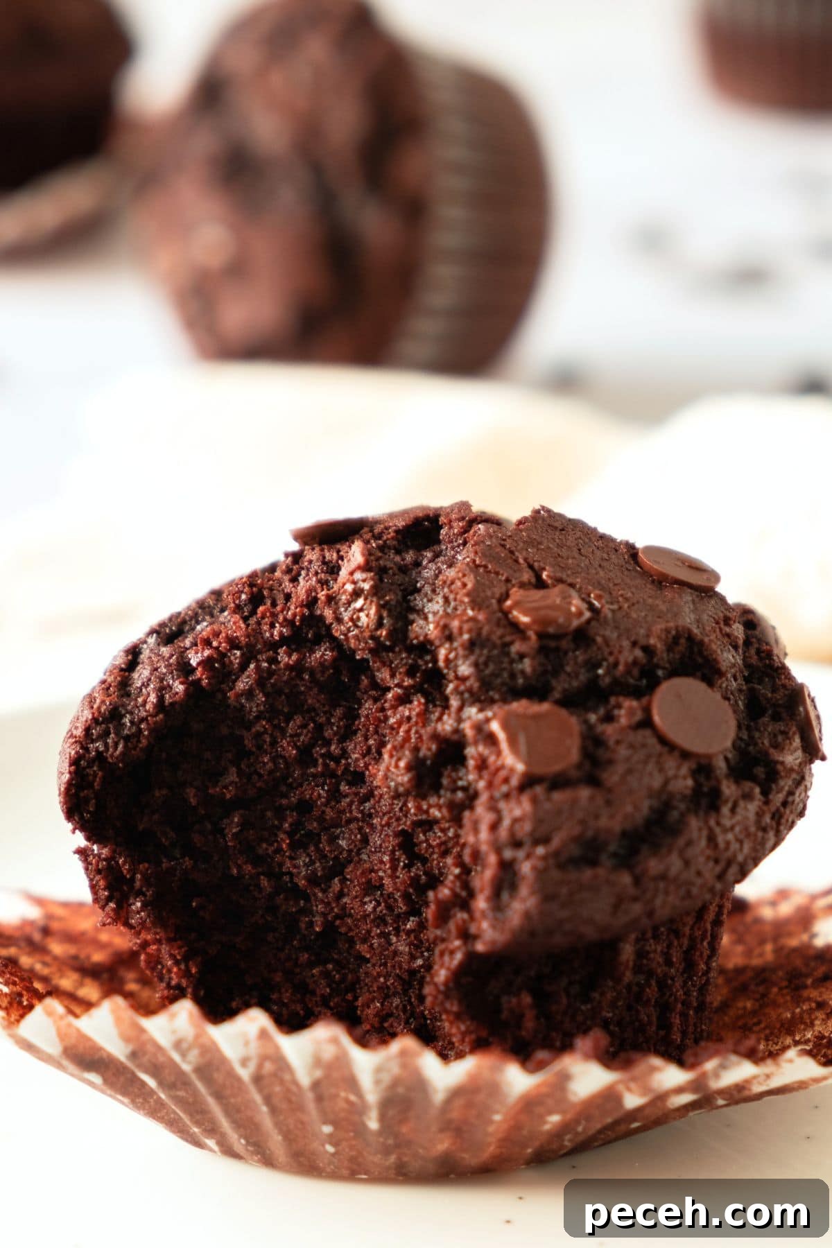 Easy Chocolate Muffins (Gluten-Free, Dairy-Free Option) Up close view of half-eaten gf chocolate muffin