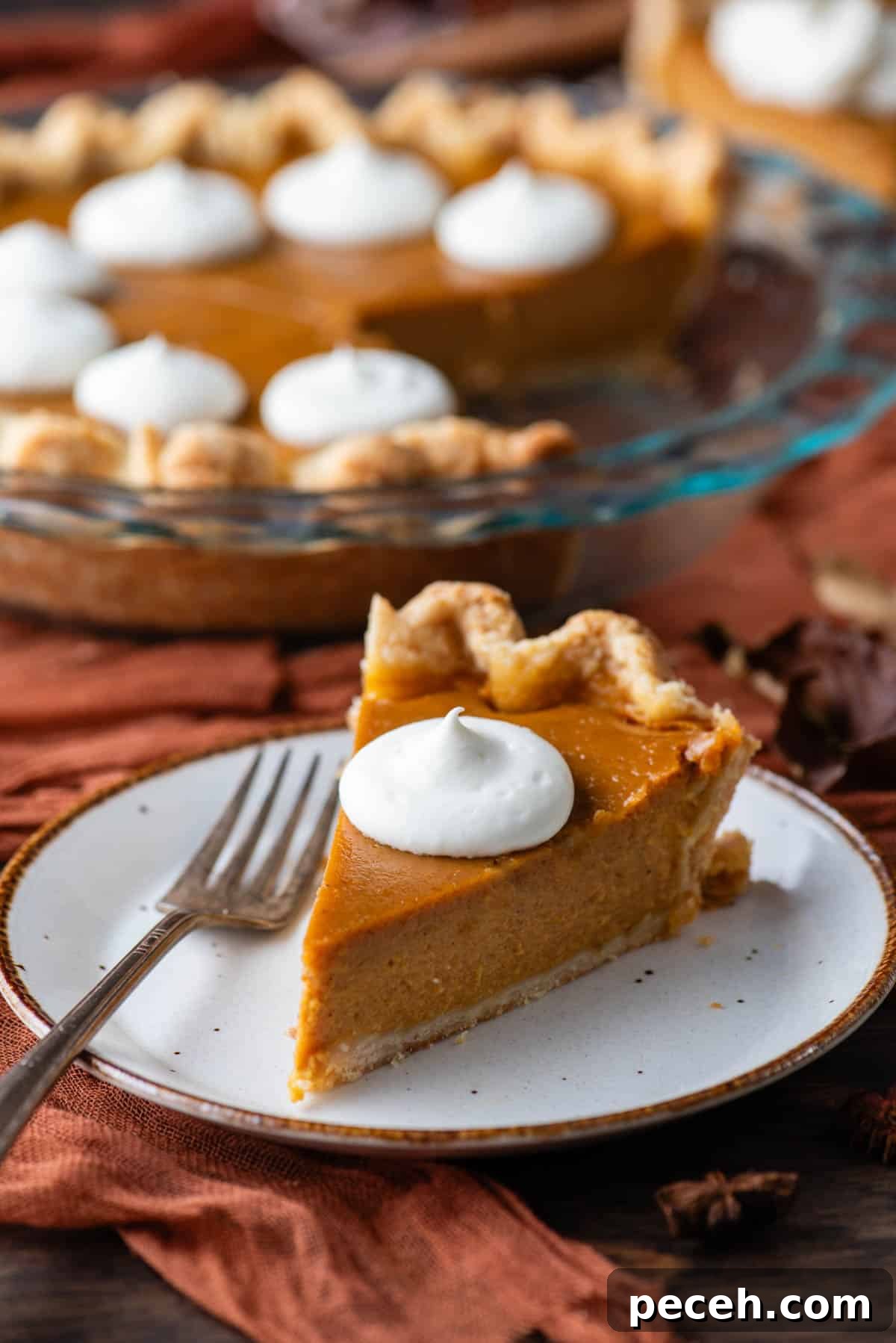 Classic Homemade Pumpkin Pie: Simple Recipe for Perfect Fall Dessert 12 a slice of pumpkin pie on a plate topped with whipped cream with a fork sitting beside it on the plate, with the rest of the pie behind it in a glass pie dish, all sitting on a wood surface with a dark orange cloth