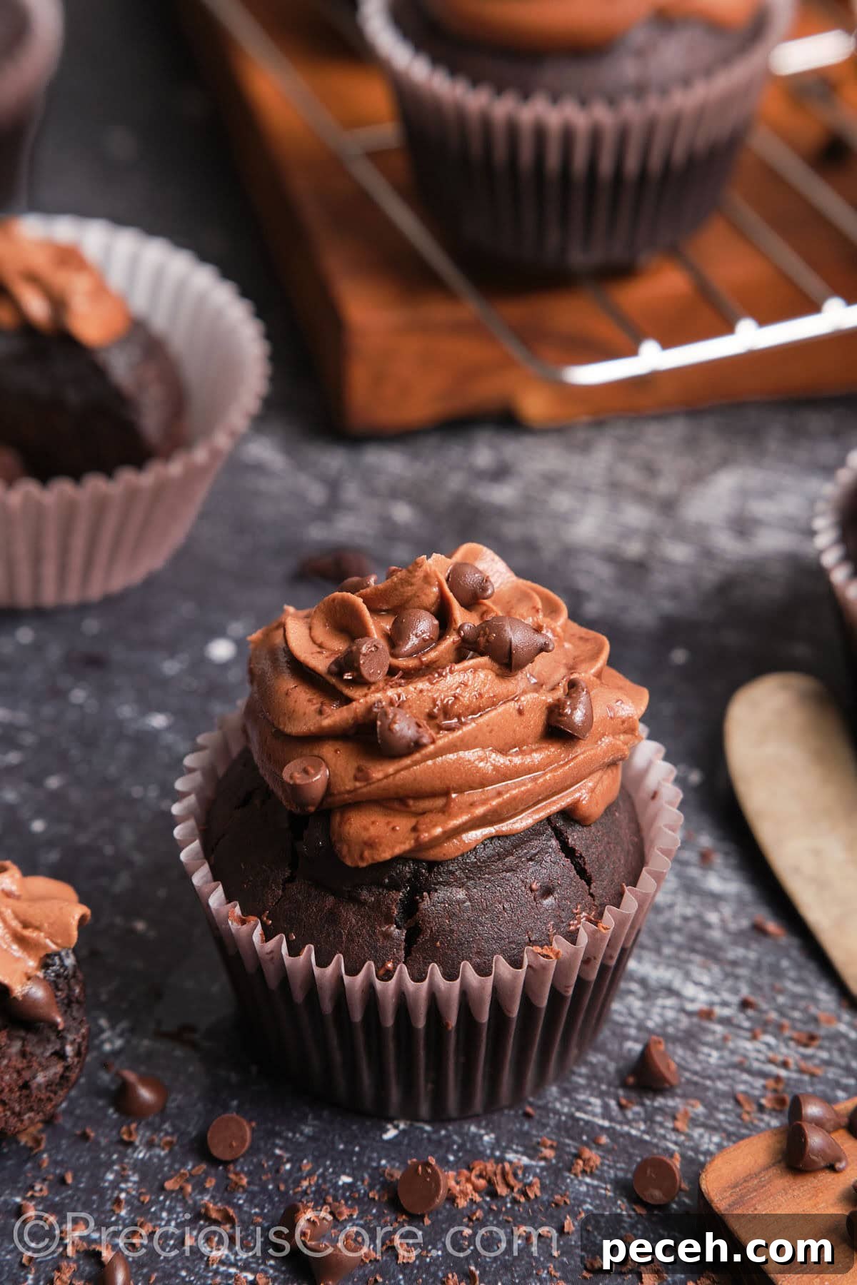 Decadent Chocolate Cupcakes with Silky Chocolate Frosting 4 Wide shot showing the scene for making easy chocolate cupcakes.