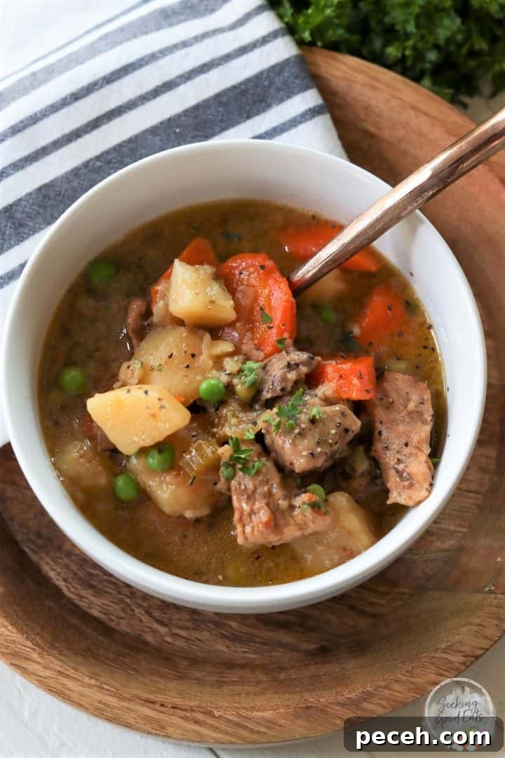 Instant Pot Lamb Stew Recipe: Tender, Flavorful One-Pot Meal 2 lamb stew served in a white bowl with a brown spoon and a blue and white strip napkin