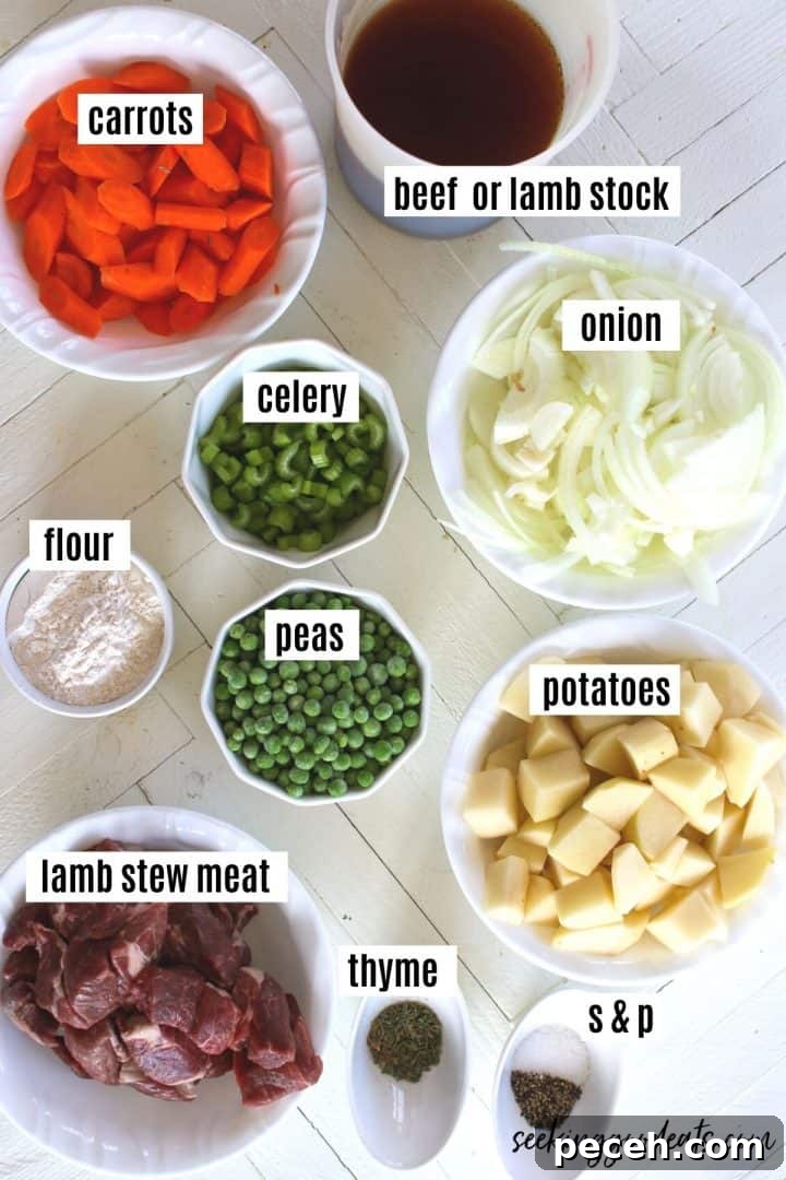 Instant Pot Lamb Stew Recipe: Tender, Flavorful One-Pot Meal 3 ingredients needed to make lamb stew sitting on a white wood backdrop
