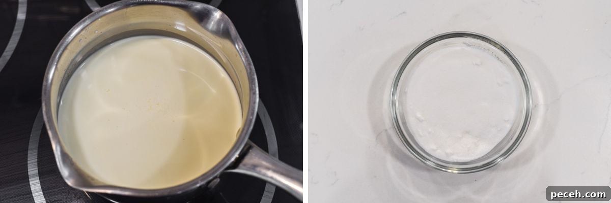 process shots of heating of milk and cream in saucepan while also mixing sugar, salt and xanthan gum in bowl