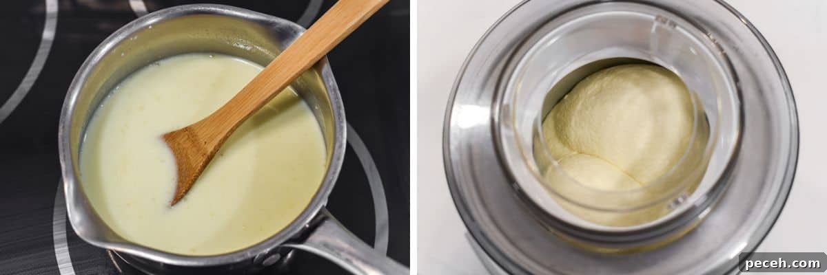 process shots of adding sugar to base and stirring to combine before adding to ice cream maker
