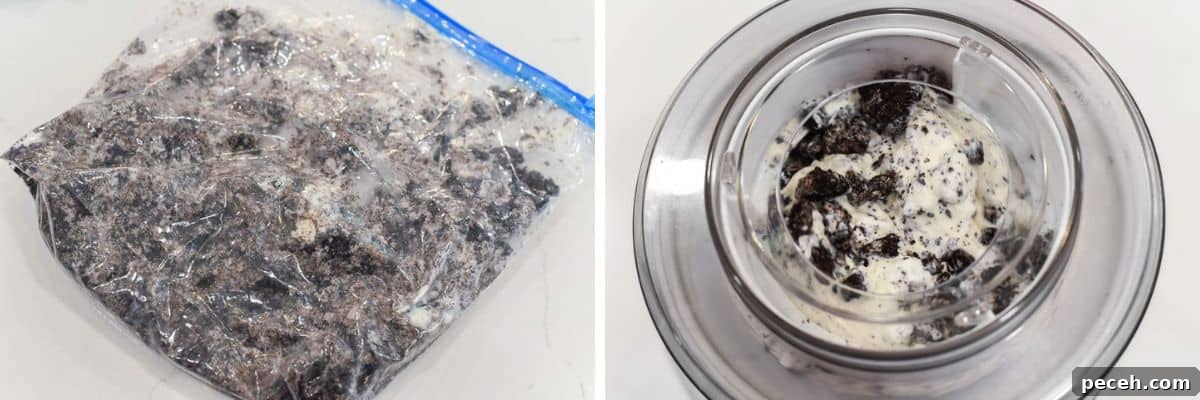 process shots of breaking up Oreos and adding to ice cream maker