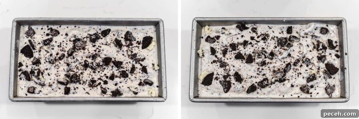 process shots of adding ice cream to metal tin