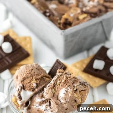 Glass bowl of s'mores ice cream with tin of ice cream in background.