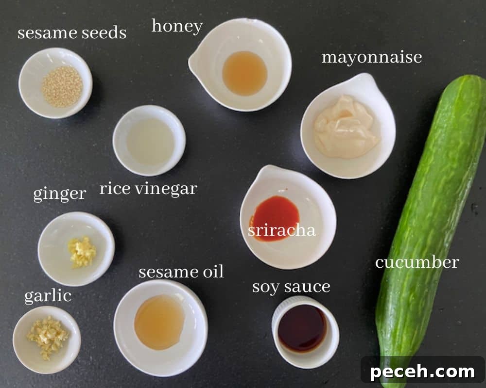 Spicy Asian Cucumber Salad Recipe with Chili and Sesame 3 Cucumber salad ingredients on black countertop with text