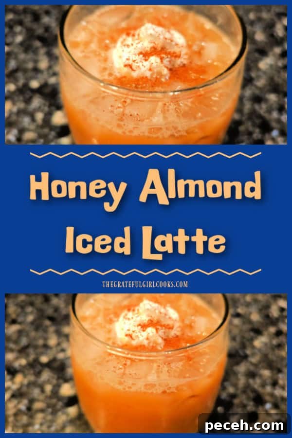 Honey Almond Iced Latte - The Grateful Girl Cooks! Craving a Honey Almond Iced Latte? No problem! Make 2 servings to refrigerate and enjoy whenever you want one! Recipe is easy and delicious!