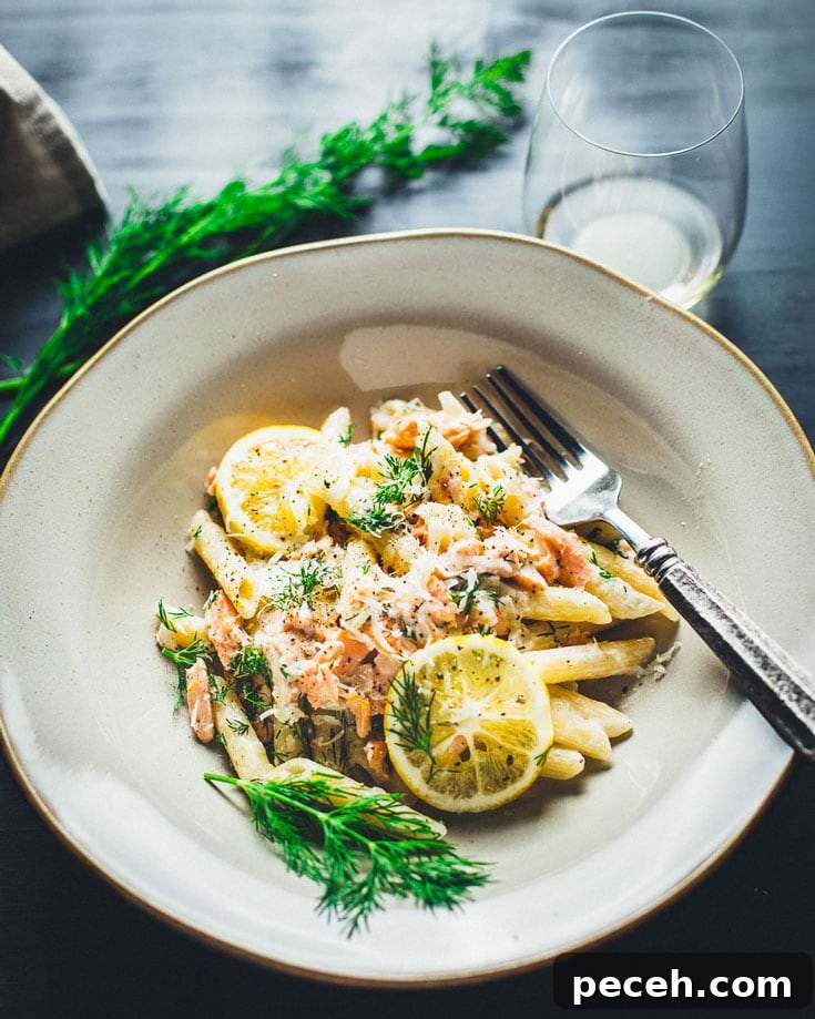 Creamy Lemon Vodka Salmon Pasta in bowl