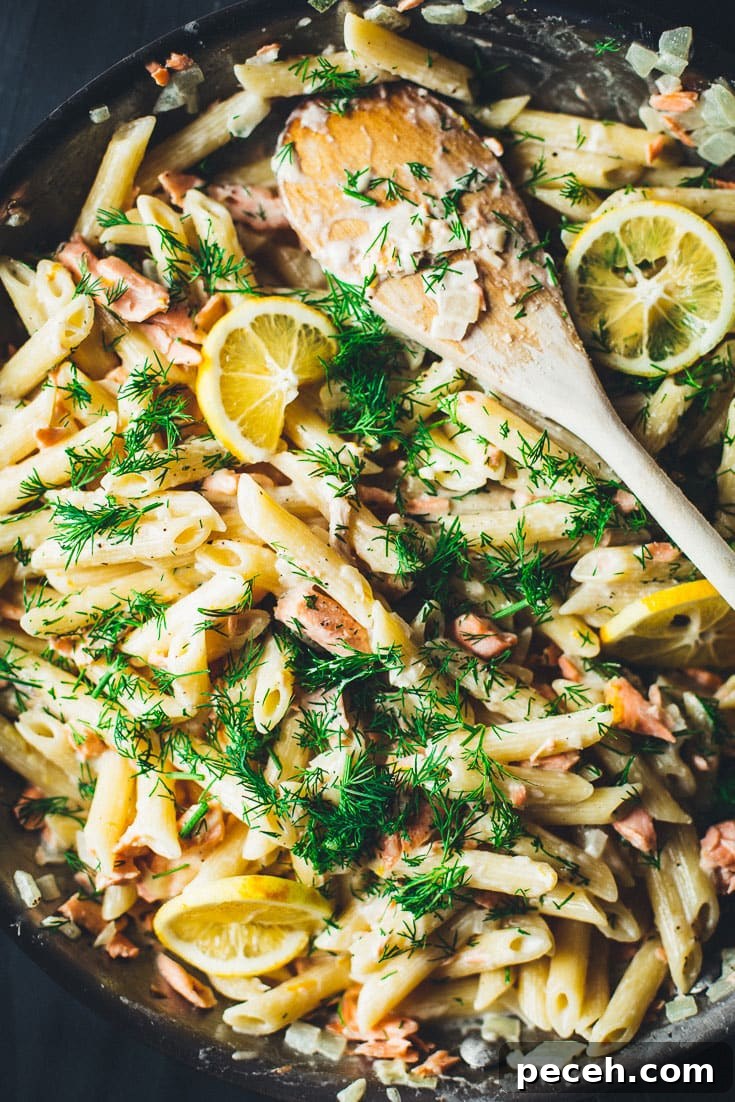 salmon pasta with lemon vodka sauce close up