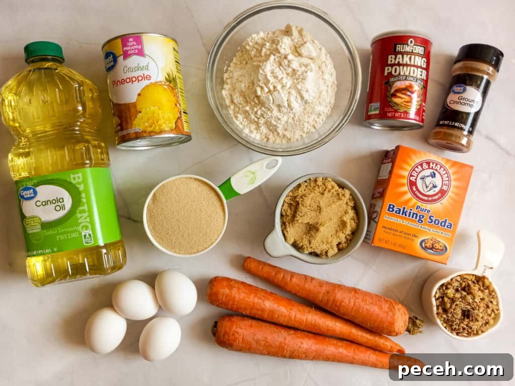 Amish Pineapple Carrot Cake with Pecans – Traditional Recipe 2 Ingredients: carrots, oil, sugar, brown sugar, pineapple, eggs, flour, baking soda, baking powder, cinnamon, and chopped nuts.