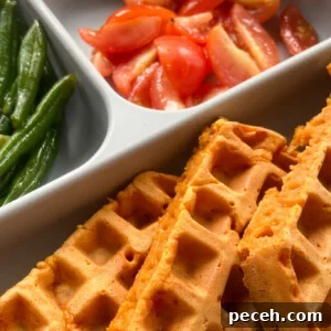Pizza waffles served with green beans and quartered tomatoes