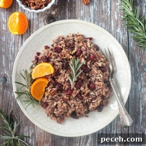 Thanksgiving Wild Rice Pilaf with Cranberries and Toasted Pecans 8 Thanksgiving rice with cranberries, citrus, and rosemary on a cream colored plate.