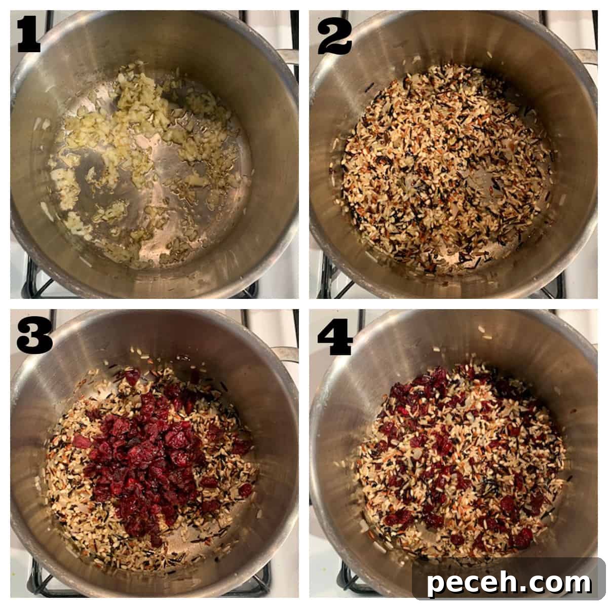 Cooking steps for cranberry pecan wild rice. 4 photo collage of cooking the rice with aromatics and broth.