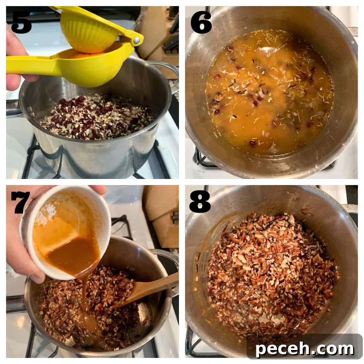 Thanksgiving Wild Rice Pilaf with Cranberries and Toasted Pecans 2 4 photo collage of adding citrus juice and sauce to the pot.