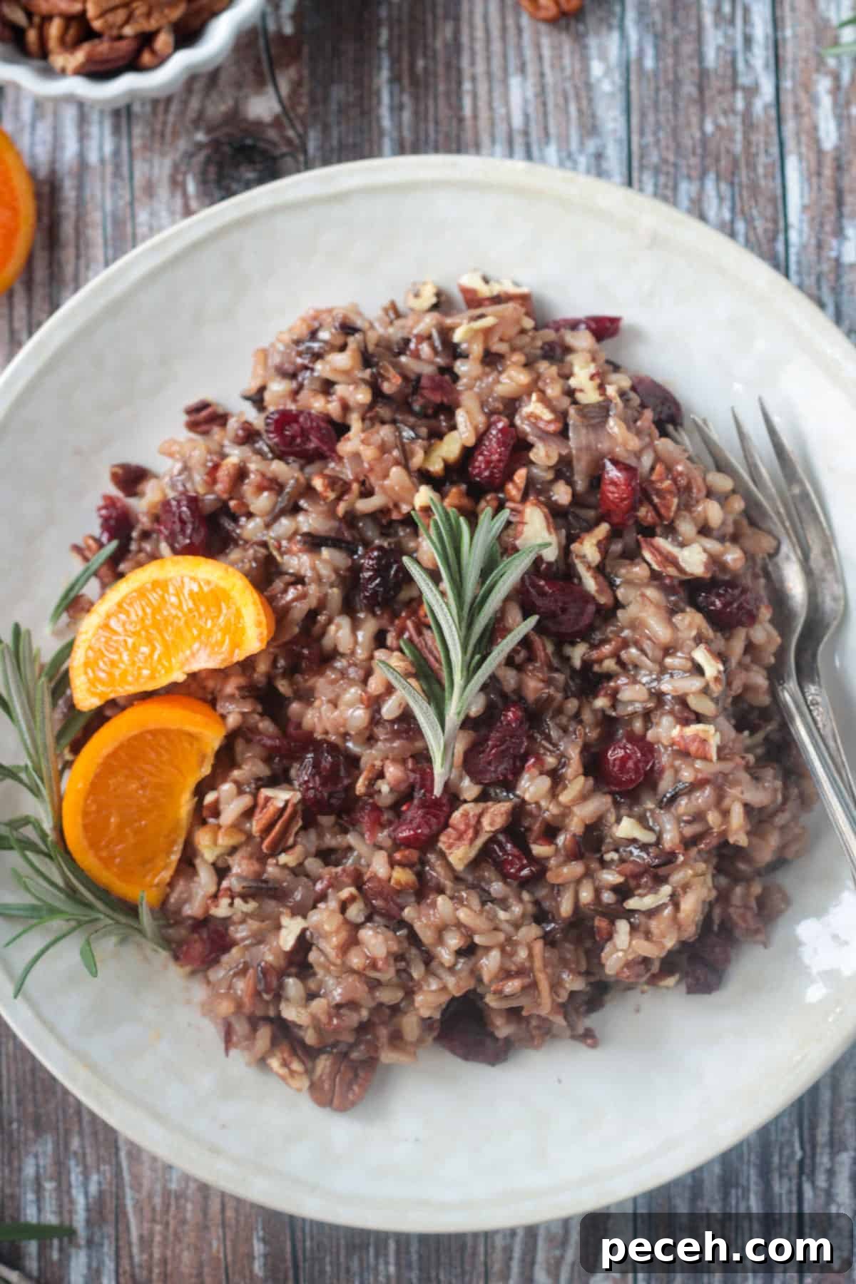 Wild rice pilaf with rosemary garnish. Close up of a sprig of fresh rosemary on top of wild rice pilaf.